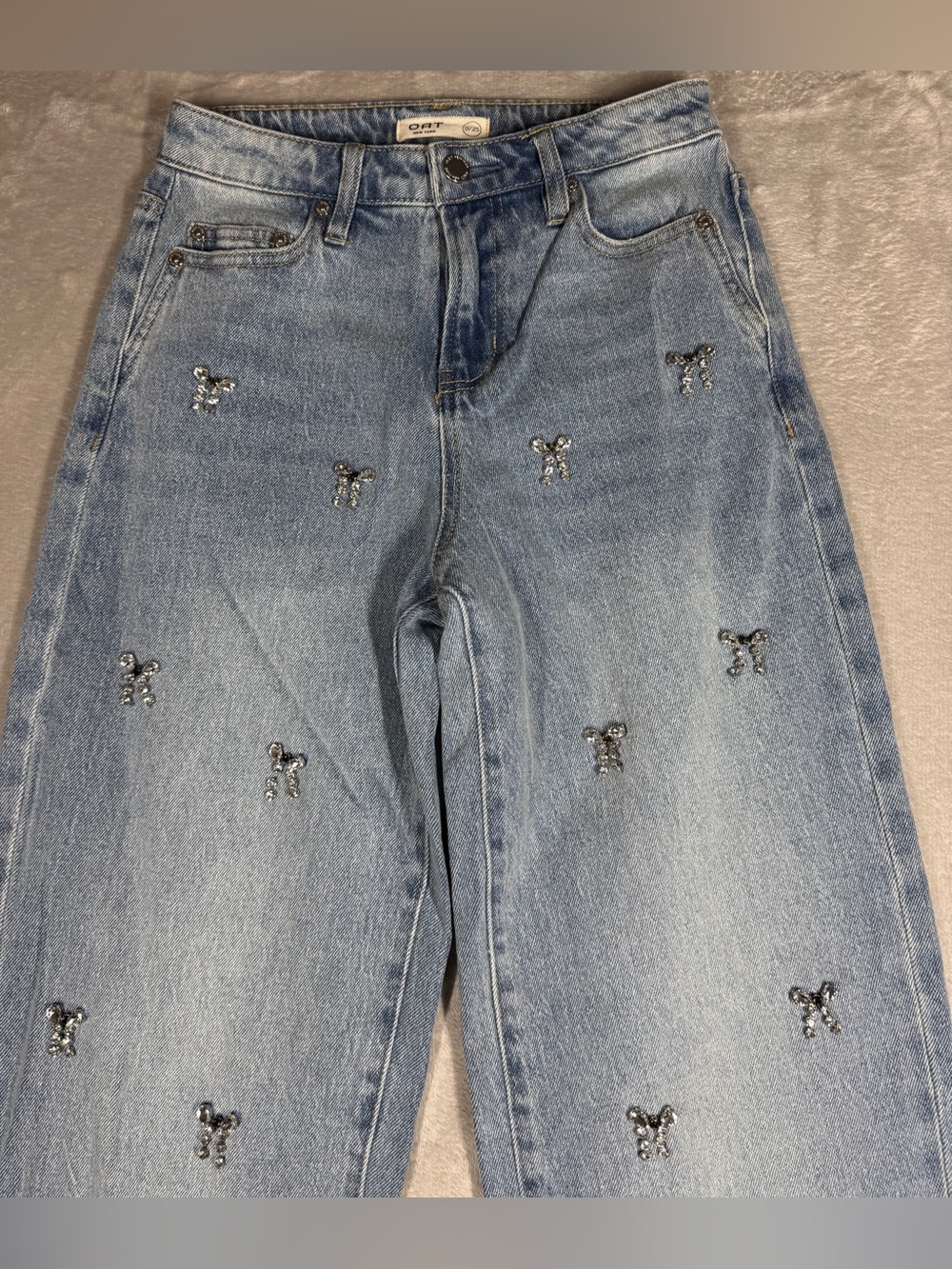 OAT Rhinestone Bows Coquette Wide Leg High Rise Cotton Blend Denim
blue Jeans 25 - Picture 3 of 17